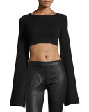Cropped Rib-Knit Kimono Top, Black