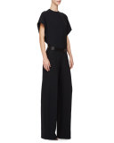 Short-Sleeve Belted Jumpsuit, Black