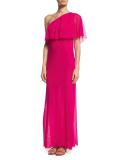 Ruffled One-Shoulder Column Gown, Fuchsia 