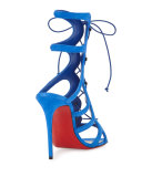 Amazoulo Caged Suede Red Sole Sandal, Electric