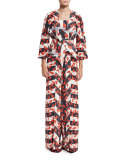 St. Croix Leaf-Print Striped Kimono Coat, Red/White/Blue