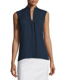 Sleeveless Pintucked Silk Blouse, Navy