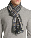 Tartan Plaid Cashmere Scarf with Fringe, Navy/Charcoal/Brown