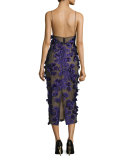 Halter-Neck Cocktail Midi Dress w/Floral Appliques, Black/Iris