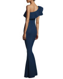 Elise One-Shoulder Ruffle Stretch Jersey Gown, Blue