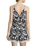 Eden Sleeveless Embroidered Floral Romper, Black/White