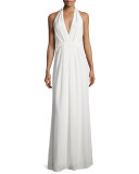 Sleeveless Pleated Chiffon Halter Gown, Off White