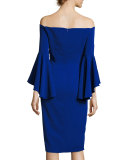 Selena Off-the-Shoulder Cady Sheath Dress, Cobalt