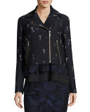 Embroidered Jacquard Moto Jacket, Blue