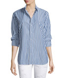 Button-Front Striped Boyfriend Shirt, Navy/White Stripe