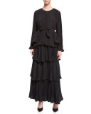 Tiered Plisse Maxi Skirt, Black