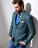 Silk/Cashmere Check Two-Button Jacket w/ Patch Pockets, Green/Navy
