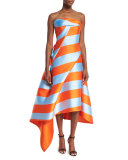 Strapless Wide-Striped Midi Dress, Orange/Sky