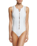 Afterglow Zip-Front Mesh-Trim One-Piece Swimsuit