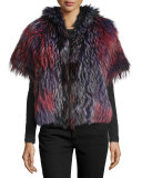 Short-Sleeve Boxy Fox Fur Jacket, Multicolor