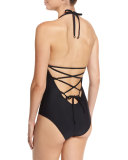 Lace-Back One-Piece Swimsuit, Matte Black