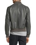 Leather Bomber Jacket, Dark Steel