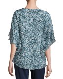 Floral Layered Half-Sleeve Tunic, Blue/Multi