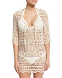 Juno Crocheted Lace V-Neck Coverup Dress/Tunic, Off White