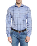 Windowpane-Check Sport Shirt, Light Blue