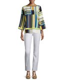 Bateau-Neck Striped Silk Blouse, Multi