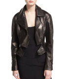 Zip-Front Short Moto Leather Jacket, Black