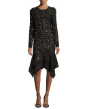Long-Sleeve Grommet Handkerchief-Hem Dress, Black
