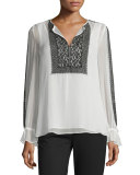 Long-Sleeve Semisheer Embroidered Peasant Top, Ivory/Black