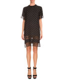 Star-Print Lace-Inset Shift Dress, Black
