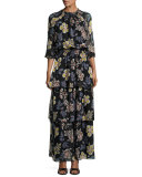 Indie Floral-Print Ruffle Smocked Dress, Black