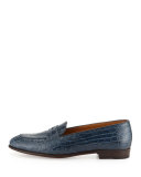 Crocodile-Embossed Penny Loafer, Denim