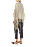 Metallic Linen-Blend Fringe Poncho, Olive