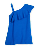 Asymmetric Ruffle-Trim Shift Dress, Turquoise, Size 8-14