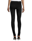 Front-Zip Suede Leggings, Black