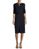 3/4-Sleeve Wool Dress w/ Faux-Wrap Waist, Plus Size