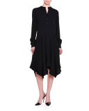 Long-Sleeve Handkerchief-Hem Shirtdress, Black