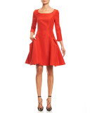 Faille 3/4-Sleeve Fit-&-Flare Cocktail Dress, Fire Red
