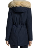 Long Hooded Arctic Parka Coat w/ Coyote Fur, Melton Blue