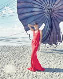 Farida Sleeveless Asymmetric Ruffle Mermaid Gown, Tomato