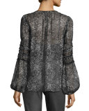 Joanne Tasseled V-Neck Floral-Print Blouse, Black