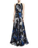 Sleeveless Jewel-Neck Floral Ball Gown 