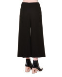 Flat-Front Wide-Leg Cropped Pants, Black