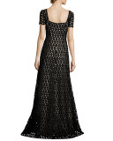 Macrame Lace Short-Sleeve Gown, Black