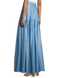 High-Waist Tiered Maxi Skirt, Light Blue