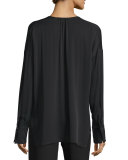 Keyhole-Front Long-Sleeve Silk Blouse
