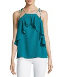Nete Embroidered Ruffle Tie-Strap Tank, Teal