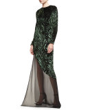 Burnout Velvet Long-Sleeve Gown, Black/Forest