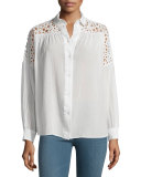 Ornella Long-Sleeve Netted-Trim Top, Ecru