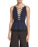 Lace-Up Crepe Peplum Top, Navy Combo
