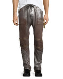 Silver-Coated Drawstring Moto Pants, Brown